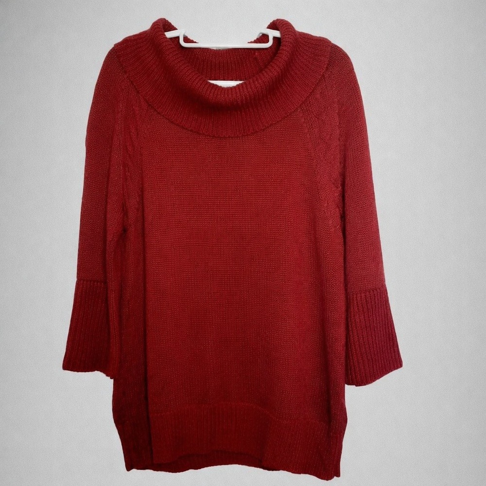 Chicos Tunic 1 M Burgundy Long Sleeve Heavy Knit Cowl Neck preppy comfort Office
